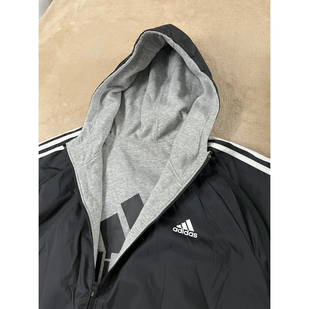 Adidas Reversible Hooded 3‎ Stripe Jacket Size 2XL Black Grey White Full zip